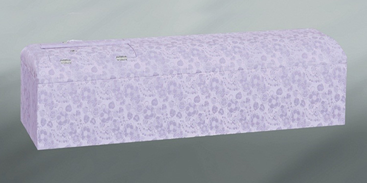 葛飾区メモリーホーム新小岩の棺の写真。紫色の優雅なデザインが施された棺。