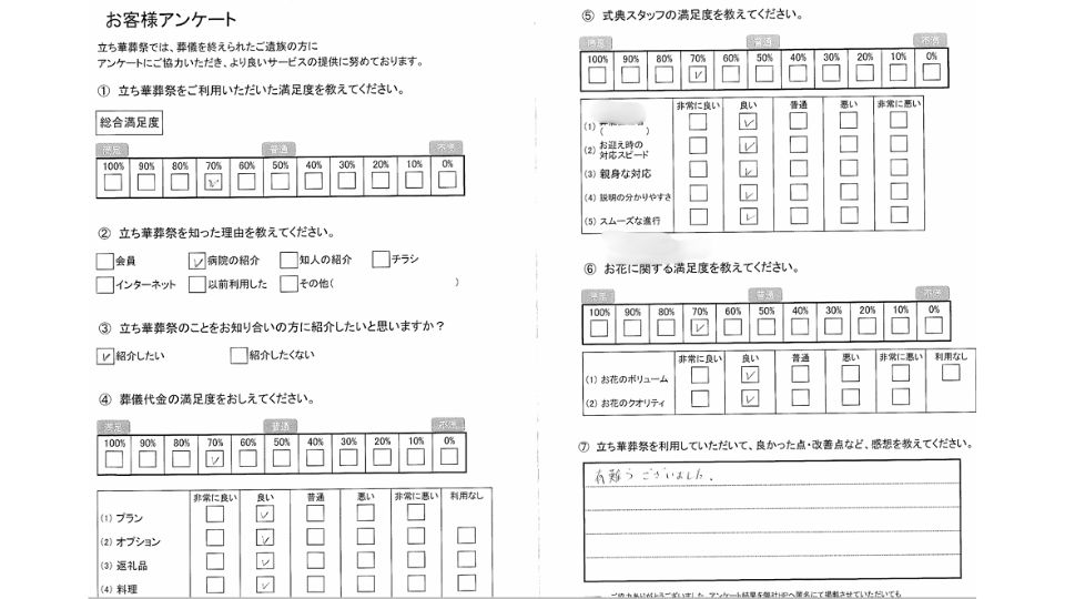 立ち華葬祭の施工アンケート